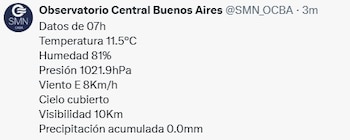 Captura de pantalla de una publicación del Observatorio Central Buenos Aires con logo SMN, que incluye una lista de datos meteorológicos
