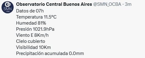 El clima hoy a las 7 horas según el Observatorio Central Buenos Aires (Servicio Meteorológico Nacional)