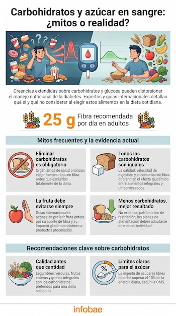 Infografía informativa sobre nutrición con ilustraciones de alimentos, un glucómetro, gráficos de glucemia y el logotipo de Infobae en la base.