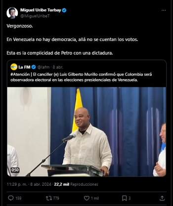 Miguel Uribe Turbay se refirió a la invitación de Venezuela a Colombia como país "observador" de las elecciones - crédito @MiguelUribeT/X