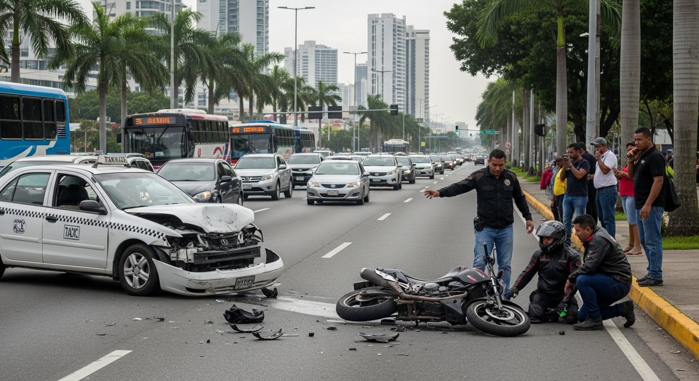 Un accidente de tránsito involucra un automóvil con daños severos en la parte delantera y una motocicleta en el suelo, con un oficial de policía gestionando la escena y transeúntes observando desde la acera. (Imagen Ilustrativa Infobae)