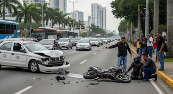 Un taxi blanco con la parte delantera dañada y una motocicleta negra en el suelo. Un policía y un motociclista están en la calle. Personas observan en la acera.