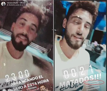 A la izquierda: la primera historia que publicó Nicolás Occhiato mencionando a Flor Vigna; a la derecha: la correcta, haciendo referencia a su compañera, Florencia Jazmín Peña (Instagram)