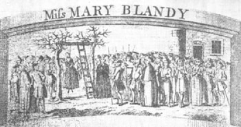 Ilustración en blanco y negro: una mujer colgando de una horca bajo un árbol, una escalera y una multitud. Un edificio al fondo y el texto 'Miss MARY BLANDY' arriba
