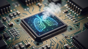 Fotografía macro de un chip electrónico sobre una placa de circuitos con conexiones doradas. El chip muestra pulmones azules y verdes con vapor.
