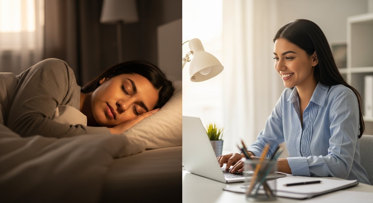 Una mujer latina demuestra la importancia de un buen descanso nocturno para alcanzar la máxima productividad y buen humor durante su jornada laboral. (Imagen Ilustrativa Infobae)