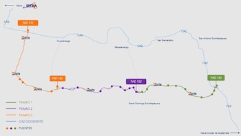 Mapa de ruta que ilustra tres tramos de carretera (verde, morado, naranja) y la CA2 en Suchitepéquez, Guatemala, con ubicaciones de puentes y ciudades clave