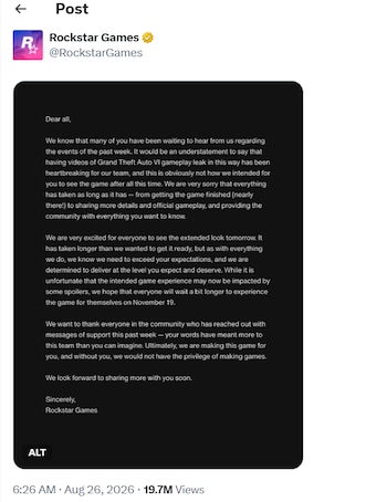 Captura de pantalla de una publicación en redes sociales de Rockstar Games con un comunicado en texto sobre un fondo negro