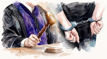 Ilustración en acuarela de una persona con toga y mazo de juez al lado de las manos de otra persona sujetas con esposas metálicas.