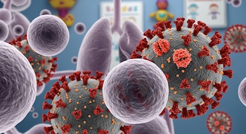 Ilustración 3D de múltiples partículas del virus SARS-CoV-2 de color gris con espigas rojas, junto a células humanas esféricas, sobre un fondo con pulmones y una silueta infantil.
