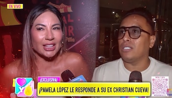 Composición televisiva que reúne a Pamela López y a Christian Cueva mientras hablan ante micrófonos de prensa con rótulos en pantalla