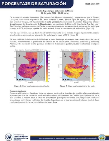 El 9 de junio de 2026, la saturación de la capa superior y/o inferior del suelo registró valores iguales o superiores al 90%. (Cortesía: Instituto Nacional de Sismología, Vulcanología, Meteorología e Hidrología de Guatemala)