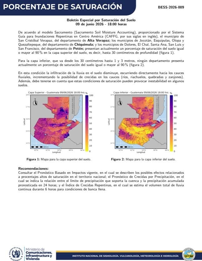 El 9 de junio de 2026, la saturación de la capa superior y/o inferior del suelo registró valores iguales o superiores al 90%. (Cortesía: Instituto Nacional de Sismología, Vulcanología, Meteorología e Hidrología de Guatemala)