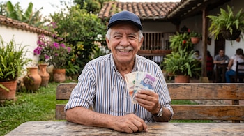 Un hombre mayor con gorra azul y camisa de rayas sostiene varios billetes en la mano sentado ante una mesa de madera en un patio.