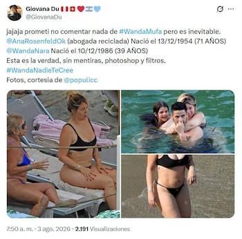 Publicación de redes sociales con texto. Incluye tres fotografías: mujer en bikini sentada en la playa, tres personas en el agua, mujer en bikini en la orilla