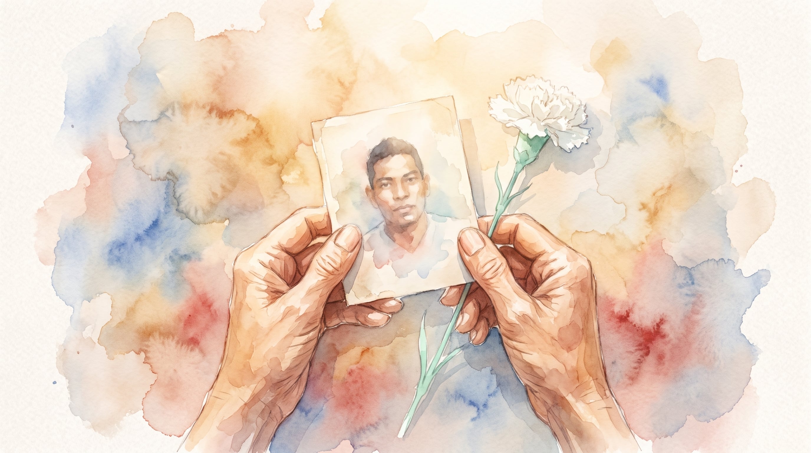 Unas manos maduras sostienen un retrato antiguo de un hombre joven junto a un clavel blanco sobre un fondo de acuarela. (Imagen Ilustrativa Infobae)