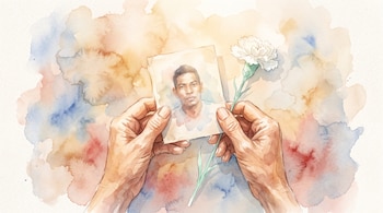 Ilustración en acuarela de dos manos que sujetan una fotografía de un joven y un clavel blanco sobre un fondo de pintura.