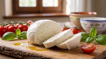 Bola de queso mozzarella rebanada sobre una tabla de madera con tomates cherry, albahaca fresca y gotas de aceite de oliva.