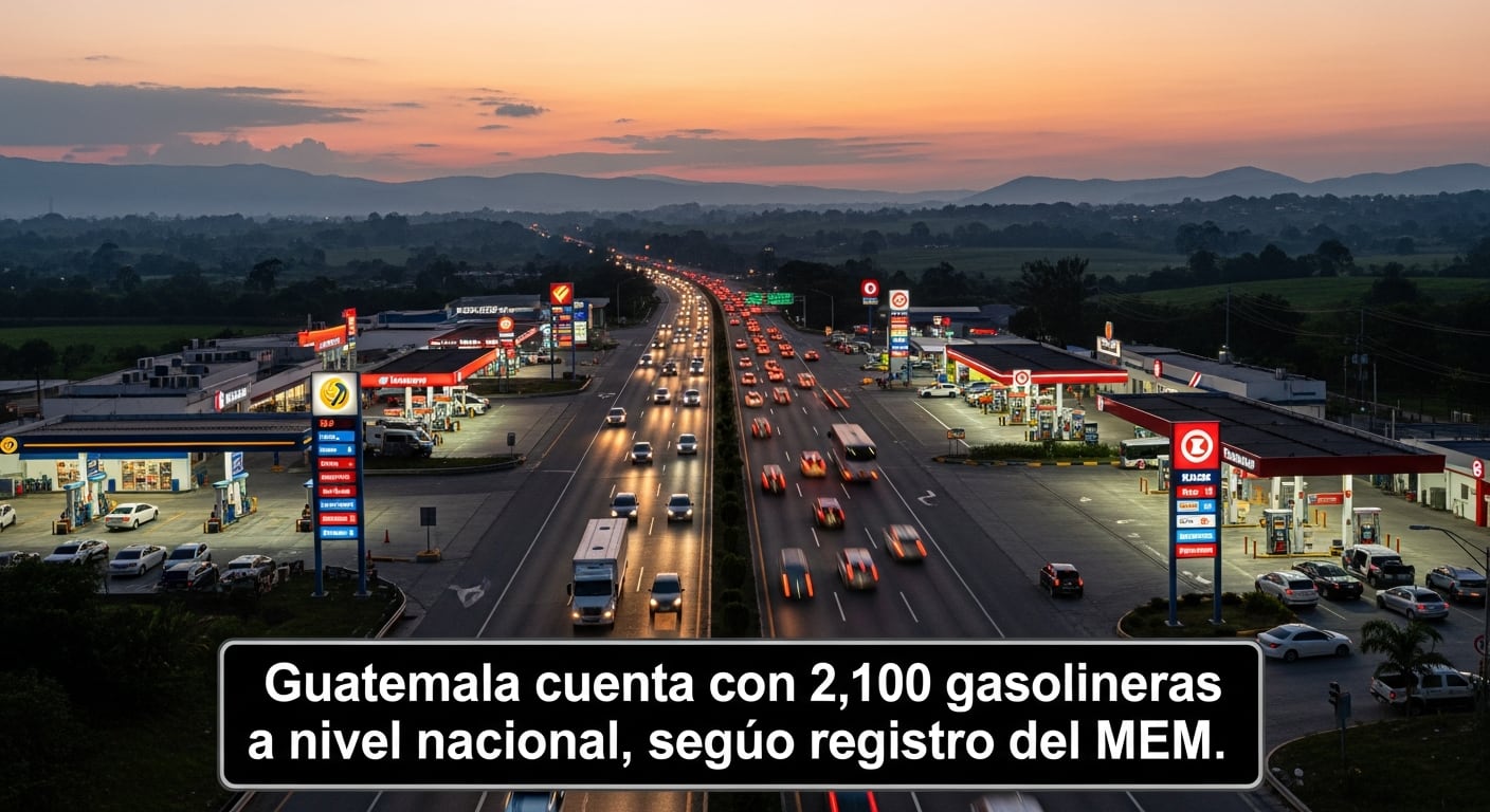 Vista aérea de una autopista guatemalteca con tráfico intenso al atardecer, flanqueada por múltiples gasolineras iluminadas, destacando que el país cuenta con 2,100 establecimientos a nivel nacional según el MEM. (Imagen Ilustrativa Infobae)