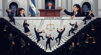 Escalera de mármol con Daniel Ortega, Rosario Murillo, bandera de Nicaragua, balanza, y varias personas en caída. Texto Supreme Court.