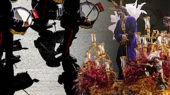 Composición fotográfica de una orquesta desfilando en Semana Santa junto con un paso con la figura de Jesucristo (Montaje Infobae)