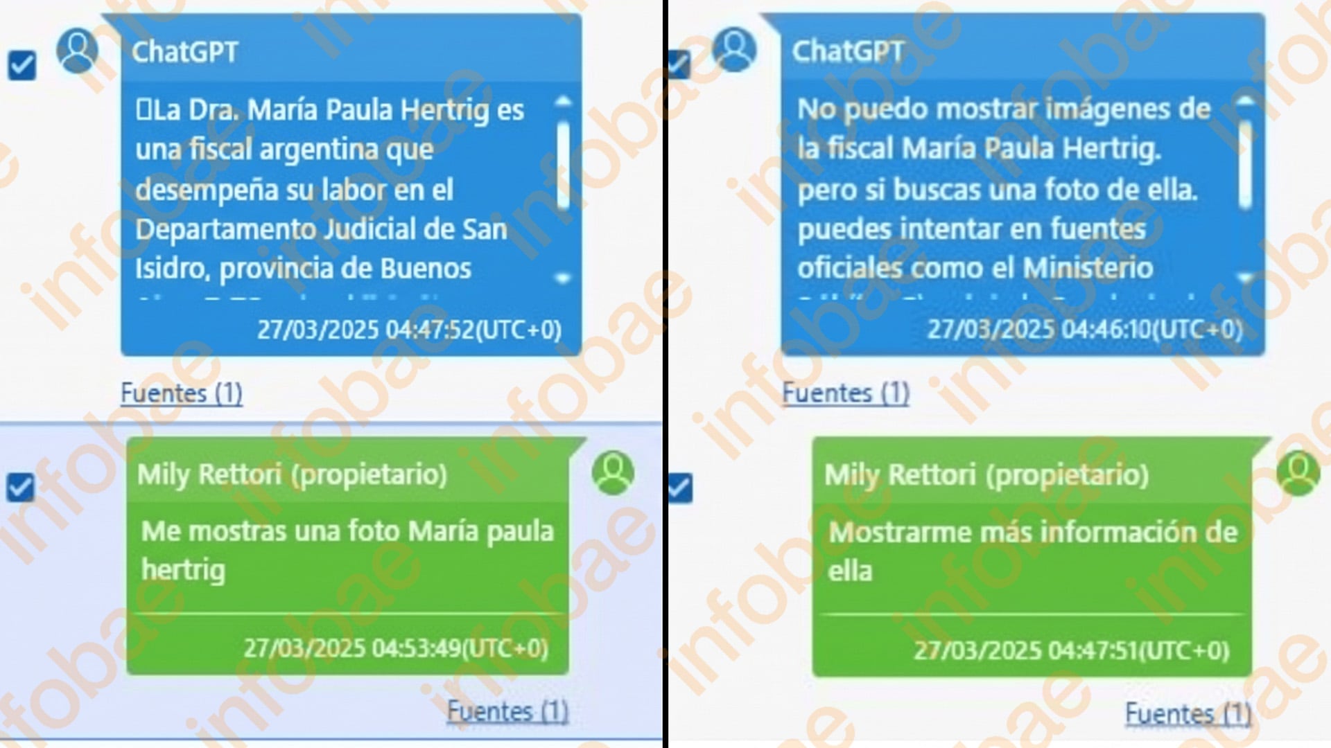 Capturas de pantalla registran las consultas realizadas a una herramienta de inteligencia artificial para obtener información y fotos de la fiscal María Paula Hertrig
