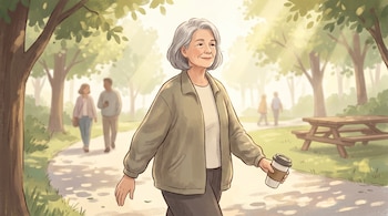 Una ilustración muestra a una mujer mayor con cabello gris caminando por un parque arbolado y soleado, con un vaso en la mano. Hay personas al fondo.