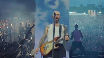 Composición de tres paneles verticales: banda en el escenario, cantante masculino con guitarra eléctrica, y una persona de espaldas frente a una multitud de asistentes.