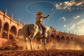 Un jinete de espalda con sombrero gira una soga sobre un caballo blanco en un terreno de tierra frente a arcos de piedra.