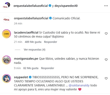 La indignación de los seguidores de 'La Bella Luz' tras el comunicado de la orquesta ante de la denuncia de tocamientos por parte de Naldy Saldaña. IG.
