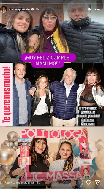Collage de tres fotos. Se observa a Moria Casán, Sergio Massa, Malena Galmarini y familia, celebrando cumpleaños y graduación con globos y un marco