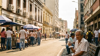 Vista a nivel de la calle de una ciudad con edificios, personas, sombrillas de vendedores, varias unidades de aire acondicionado y un hombre mayor con ventilador.