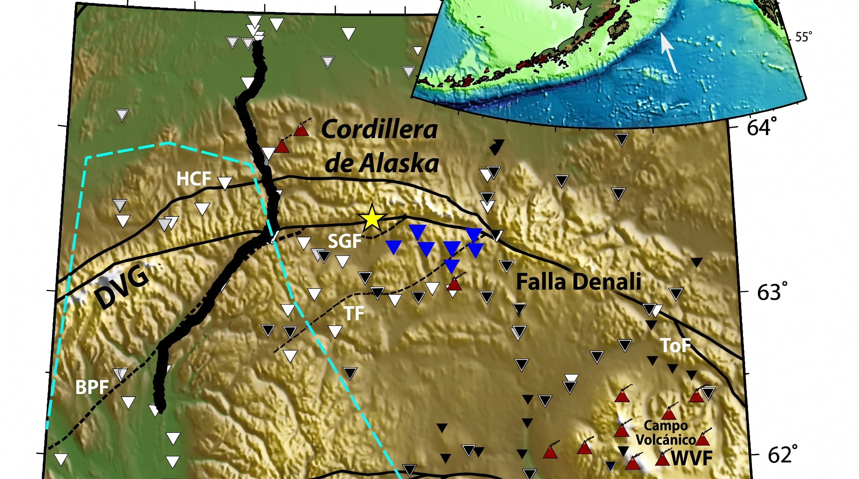 Un mapa topográfico detalla las características geológicas del centro de Alaska, incluyendo la Cordillera de Alaska, la Falla Denali, un campo volcánico y varias estaciones sísmicas. (Imagen Ilustrativa Infobae)