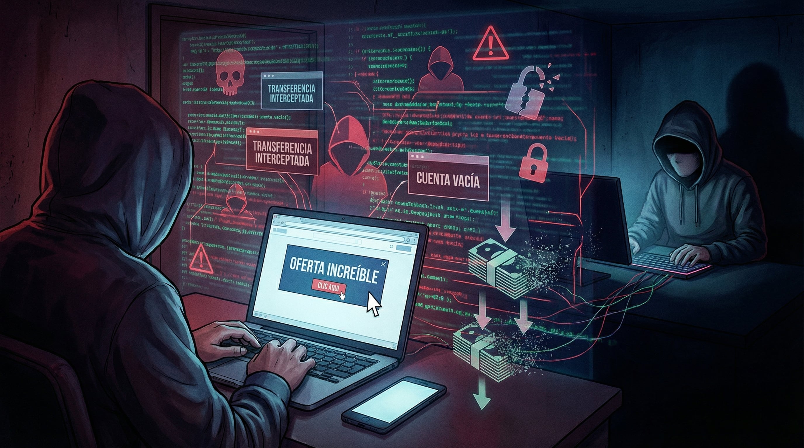 Una ilustración moderna de ciberseguridad muestra a un usuario a punto de caer en un engaño digital, mientras hackers interceptan transferencias bancarias y vacían cuentas en un ambiente tecnológico oscuro. (Imagen Ilustrativa Infobae)