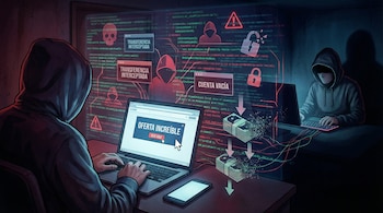 Ilustración de ciberseguridad con usuario haciendo clic en anuncio de laptop; en segundo plano, código malicioso, hackers, alertas y transferencias bancarias interceptadas.