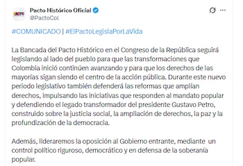 La bancada del Pacto Histórico anunció que defenderá el legado legislativo del Gobierno Petro - crédito @PactoCol/X