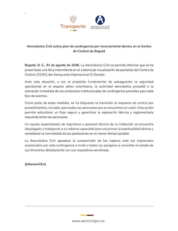 La Aerocivil ordenó un esquema de control por procedimientos, no radar, para los aviones en vuelo mientras corrige la falla en el sistema de visualización - crédito @AerocivilCol / X