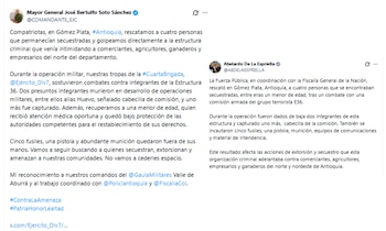 El mayor general José Bertulfo Soto Sánchez, comandante del Ejército, y el presidente Abelardo de la Espriella, dieron a conocer los resultados del operativo de rescate en Antioquia - crédito @COMANDANTE_EJC/X y @ABDELAESPRIELLA/X