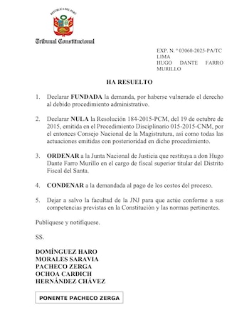 Documento del Tribunal Constitucional de Perú con el expediente número 03060-2025-PA/TC sobre la causa de Hugo Dante Farro Murillo