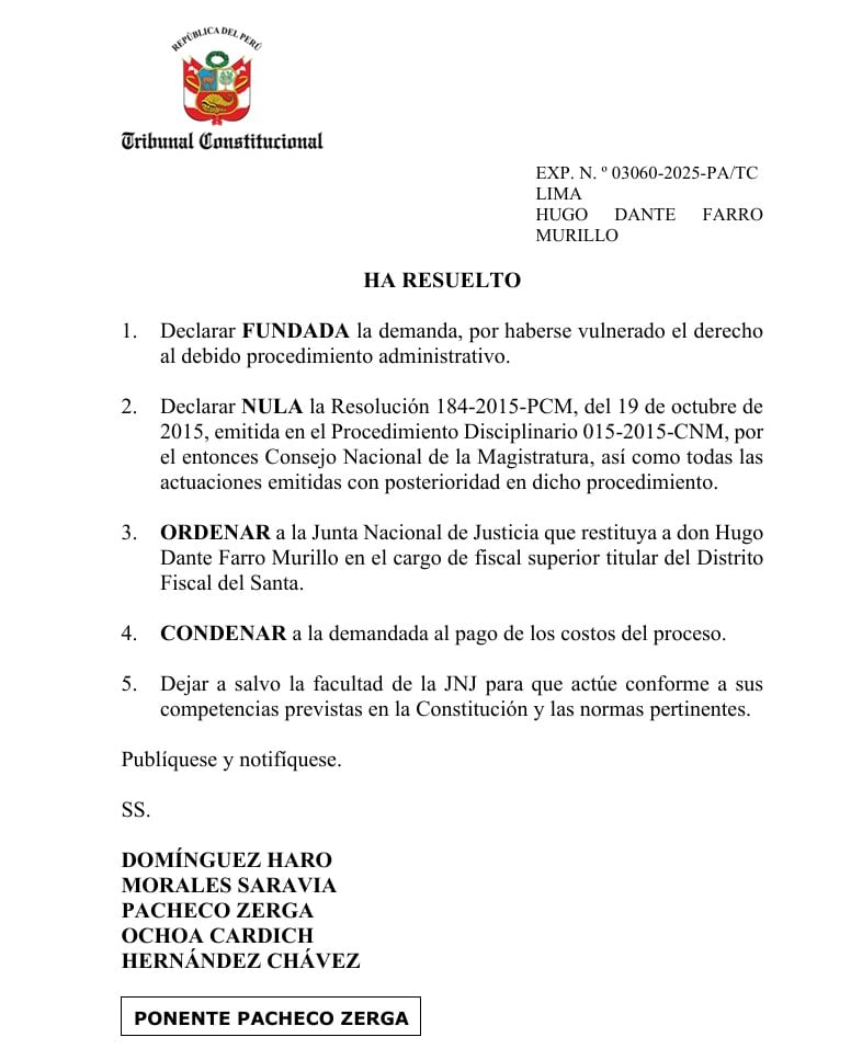 Una resolución del Tribunal Constitucional de Perú ordena a la Junta Nacional de Justicia restituir a Hugo Dante Farro Murillo en el cargo de fiscal superior del Distrito Fiscal del Santa.