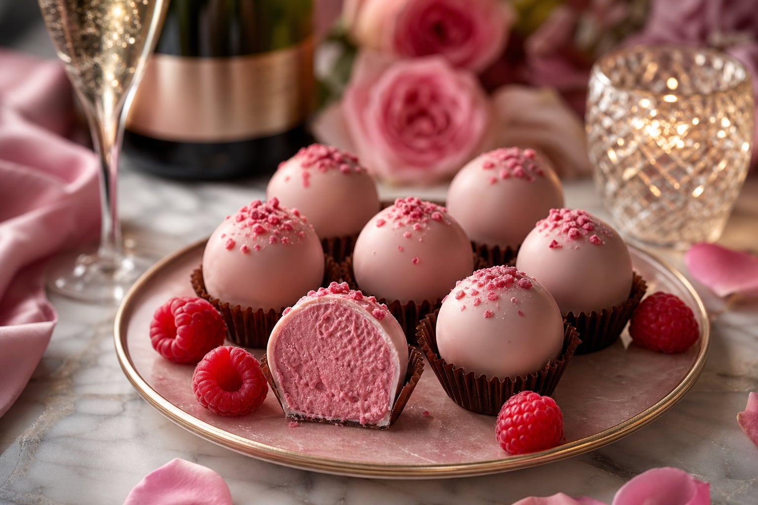 Un plato reúne trufas de cava y frambuesa en capacillos individuales, acompañadas por frutos frescos, una copa servida y una botella de vino espumoso. (Imagen Ilustrativa Infobae)