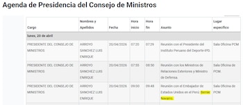 Captura de pantalla de la agenda oficial del 20 de abril. La tabla muestra una reunión del Premier Luis Arroyo con el embajador de EE.UU., Bernie Navarro
