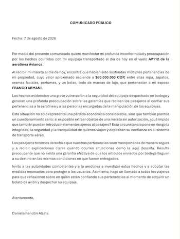 Según el comunicado, Rendón detalló que la pérdida asciende a 60 millones de pesos colombianos e incluye ropa, calzado, perfumes y un bolso, todos de reconocidas marcas internacionales - crédito @dafarendon/ Instagram