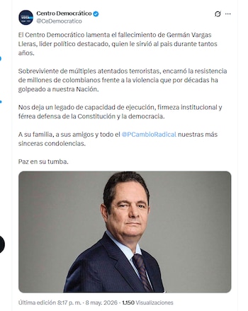 El partido Centro Democrático lamentó la muerte de Germán Vargas Lleras - crédito @CeDemocratico/X