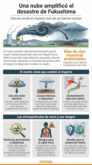 Infografía de Fukushima: Central nuclear emitiendo humo, una nube radiactiva interactúa con la lluvia y deposita contaminación en el suelo.