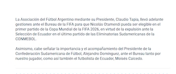 El comunicado de AFA sobre Otamendi
