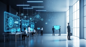 Interior de oficina moderna con luz azul, empleados trabajando en ordenadores y pantallas digitales con gráficos de IA; un hombre de traje mira por ventanas altas, con un portafolios.
