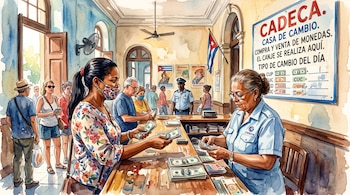 Ilustración en acuarela de una mujer que entrega dinero a una empleada detrás del mostrador en una casa de cambio Cadeca.