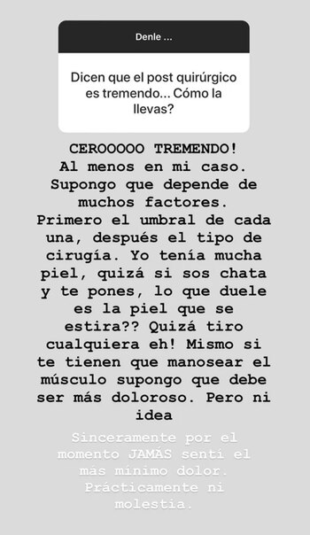 Captura de las historias de Juana Repetto en Instagram sobre su paso por el quirófano