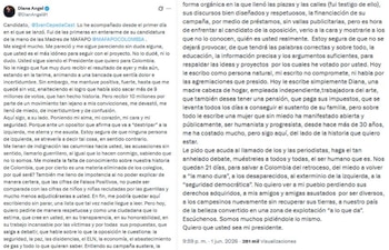 La actriz colombiana pidió al candidato del Pacto Histórico que debata con Abelardo de la Espriella antes de la segunda vuelta presidencial del 21 de junio - crédito @DianAngel01/X